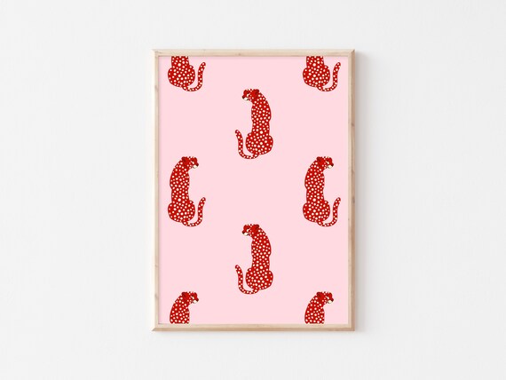 Red Cheetah Polka Dot Pattern Pink Preppy Leopard Repeat Art Poster