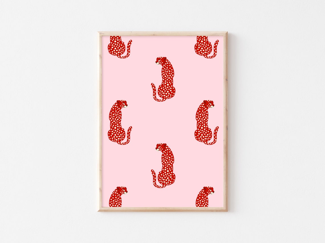 Red Cheetah Polka Dot Pattern Pink Preppy Leopard Repeat Art Poster