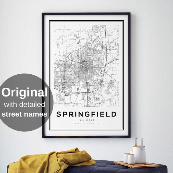 Springfield Map Print Black And White Wall Art Minimalist City Poster Travel Gift
