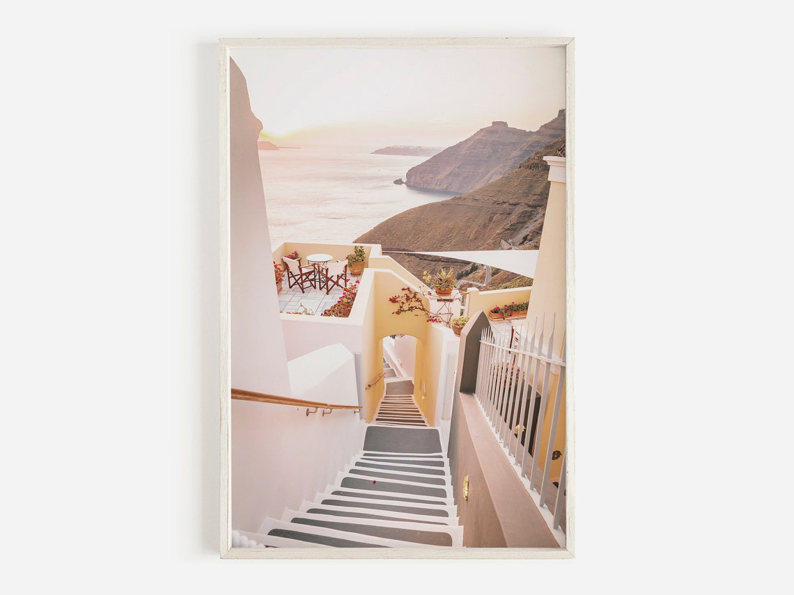Santorini Greece Sunset Staircase Caldera View Terrace Travel Poster
