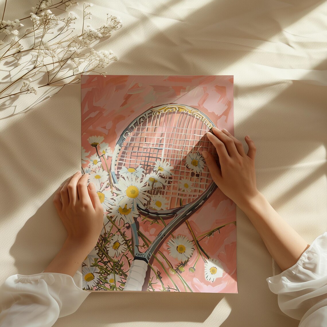 Tennis Racket With Daisies Pink Girly Sports Illustration Art Poster - Image 3