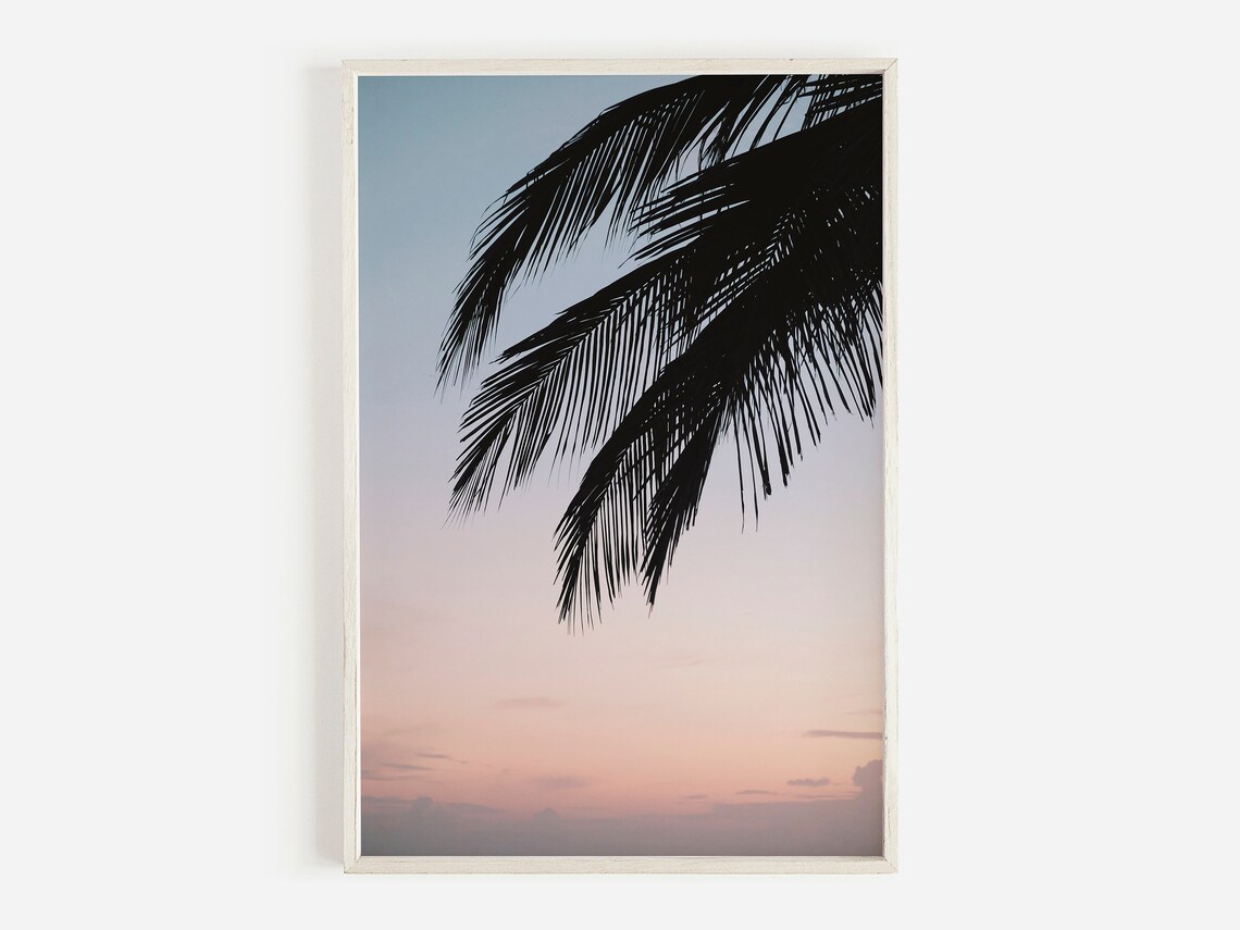 Palm Frond Silhouette Pastel Sunset Sky Tropical Coastal Wall Poster