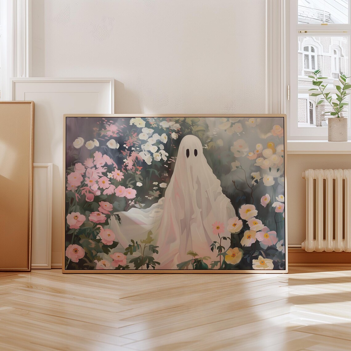 White Ghost Among Pink Wildflowers Painting Soft Spooky Floral Wall Art Print - Image 4