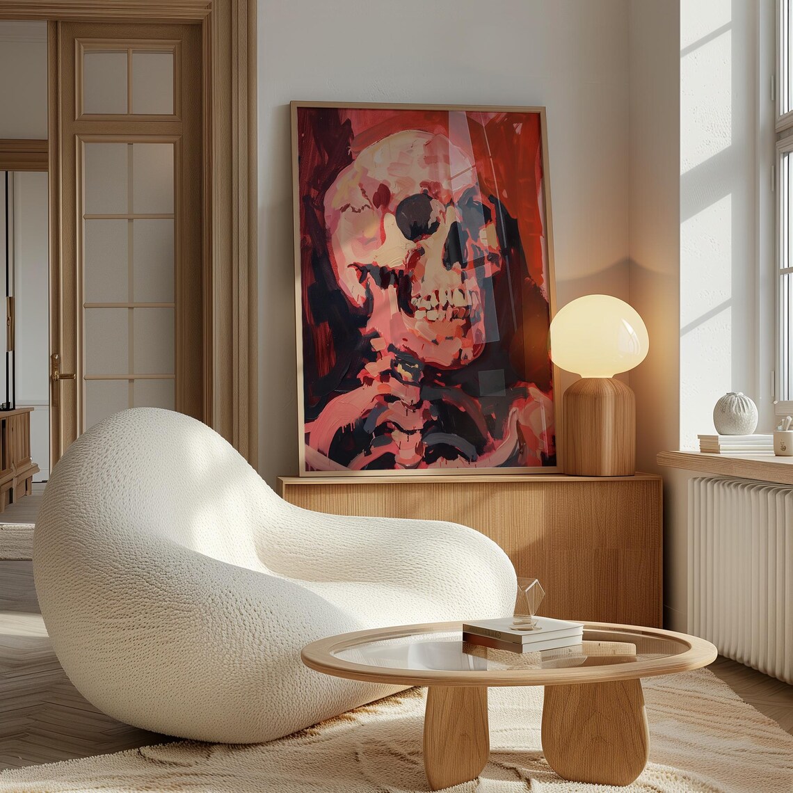 Gothic Skull Oil Painting Pink Red Black Expressionist Skeleton Art Print - Image 2