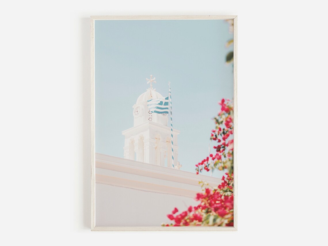 Greece White Church Bell Tower Greek Flag Bougainvillea Flowers Travel Poster