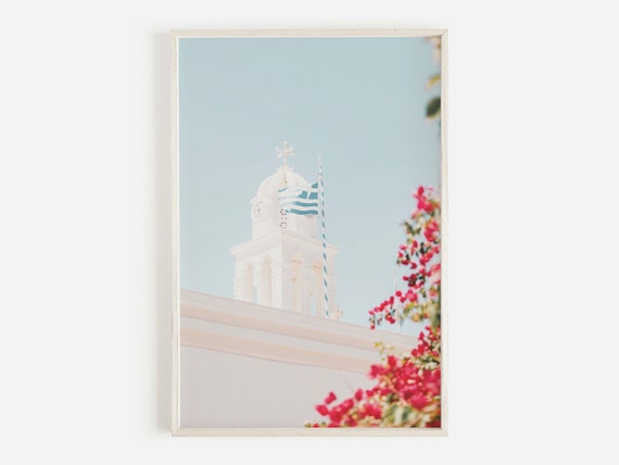 Greece Cathedral Architectural Print Bougainvillea Flowers Greece Travel Print Church Architecture Photo Cathedral Wall Art Greece Art