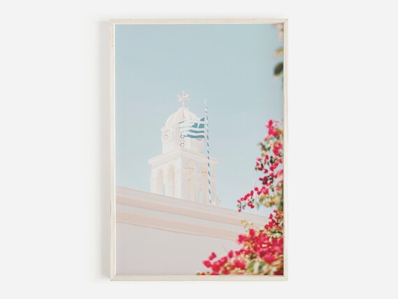 Greece White Church Bell Tower Greek Flag Bougainvillea Flowers Travel Poster