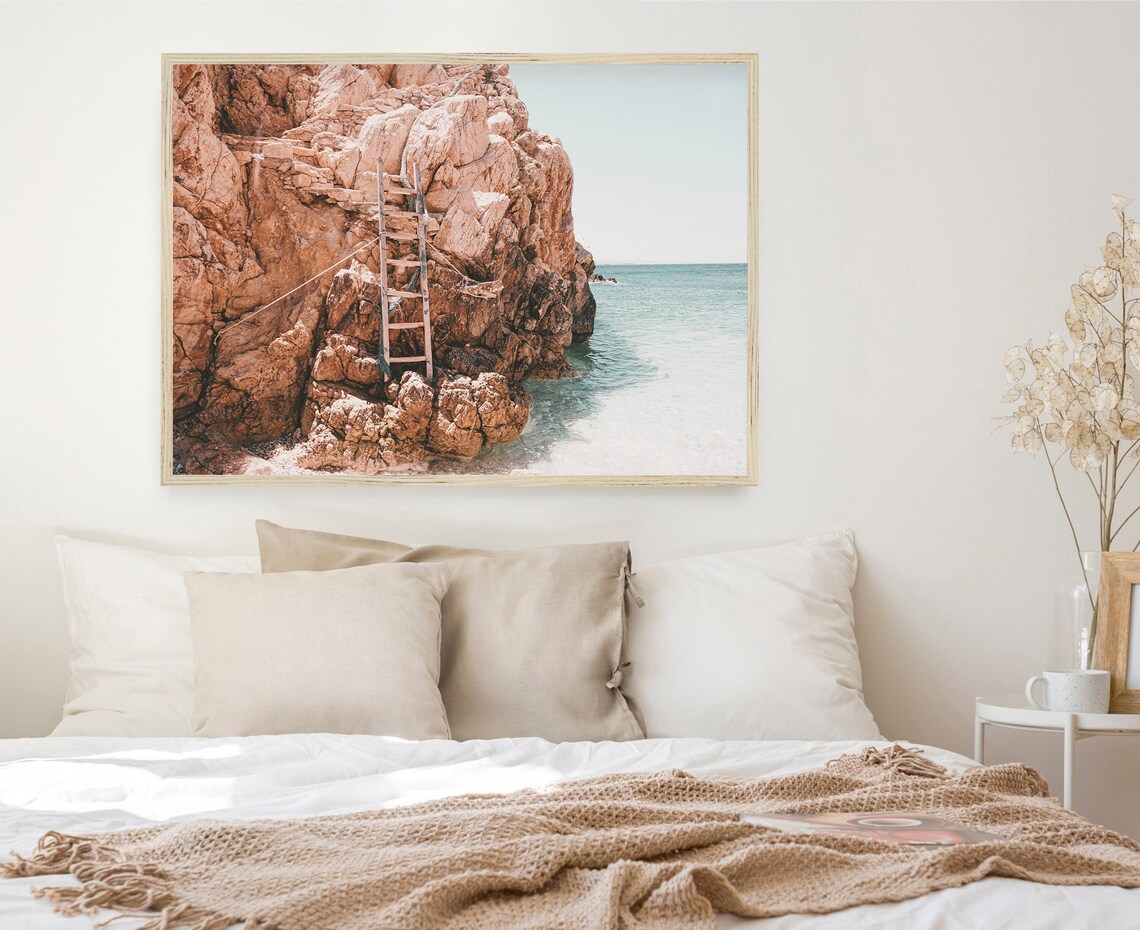 Wooden Ladder Rugged Cliff Turquoise Sea Greece Coast Travel Poster - Image 3