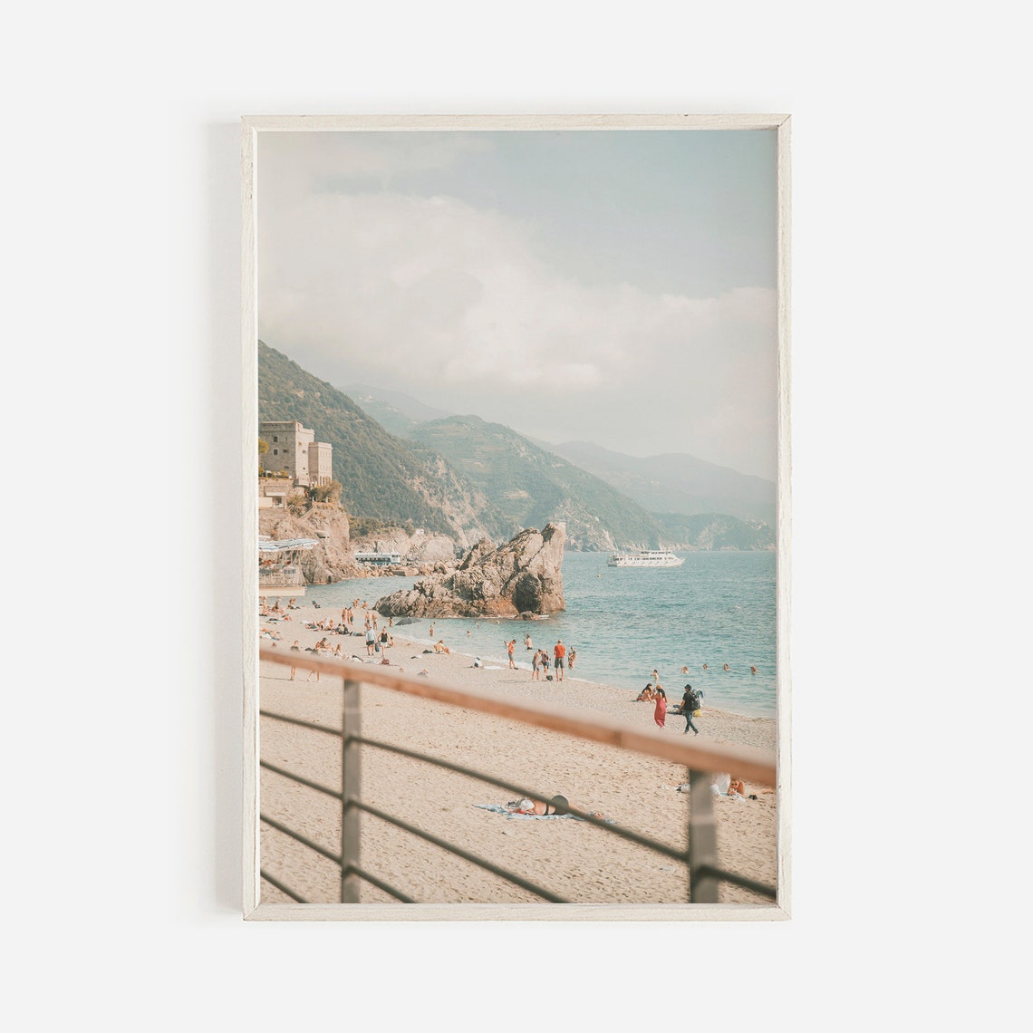 Italian Coastal Beach Sandy Shore Rocky Cliffs Summer Swimmers Poster