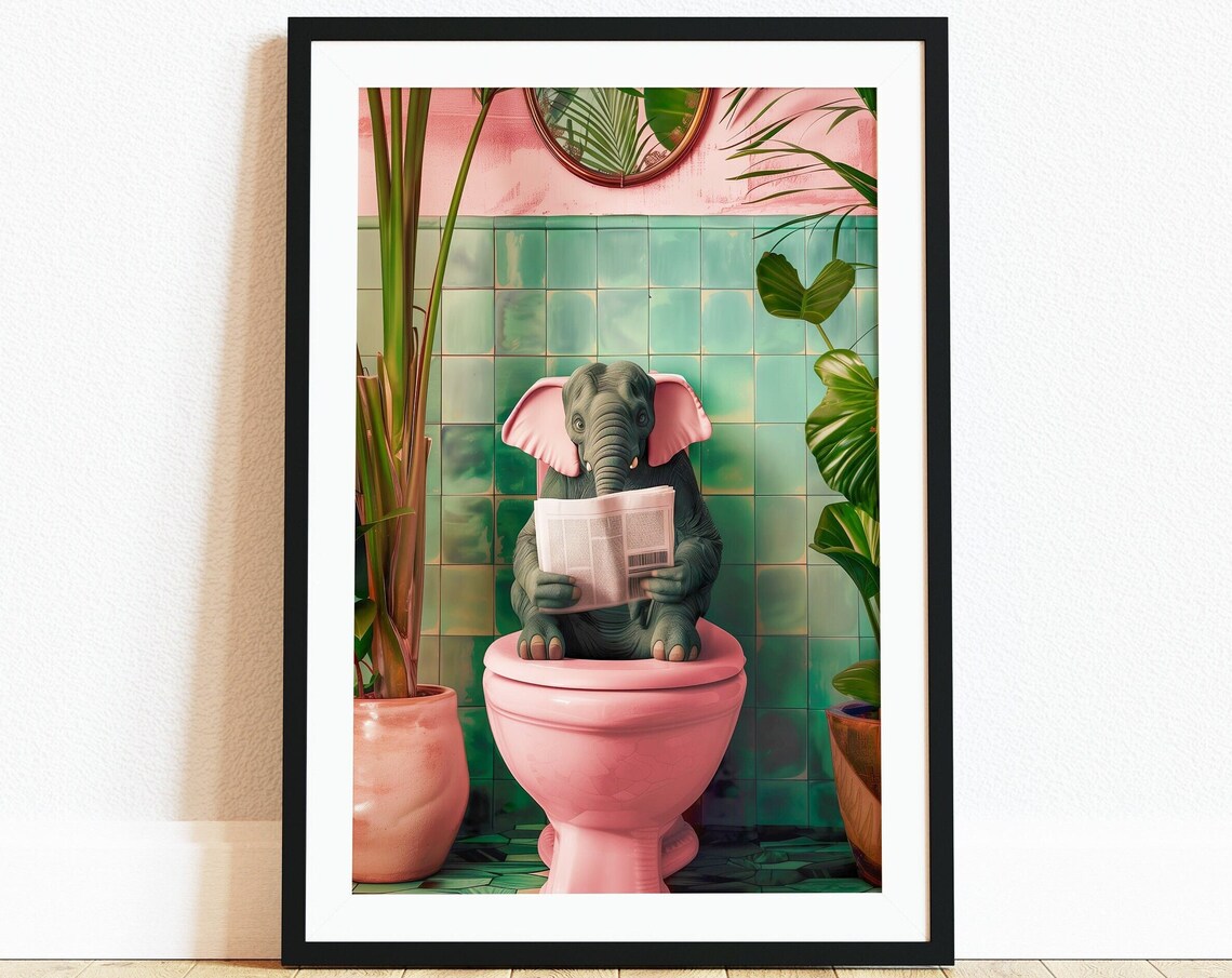 Baby Elephant Reading Newspaper Pink Toilet Funny Art Poster - Image 5