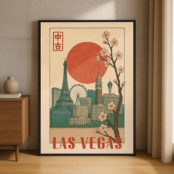 Las Vegas Wall Art Cherry Blossom Poster Japanese Style Skyline Print Modern Travel Home Decor