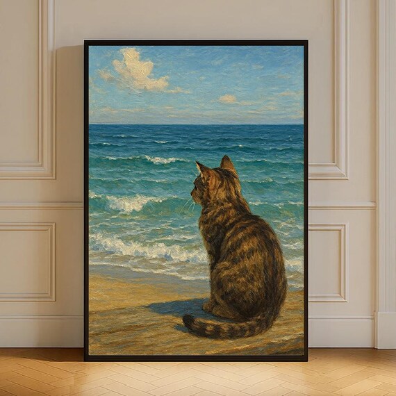Cat Watching Ocean Waves Impressionist Beach Oil Painting Art Print