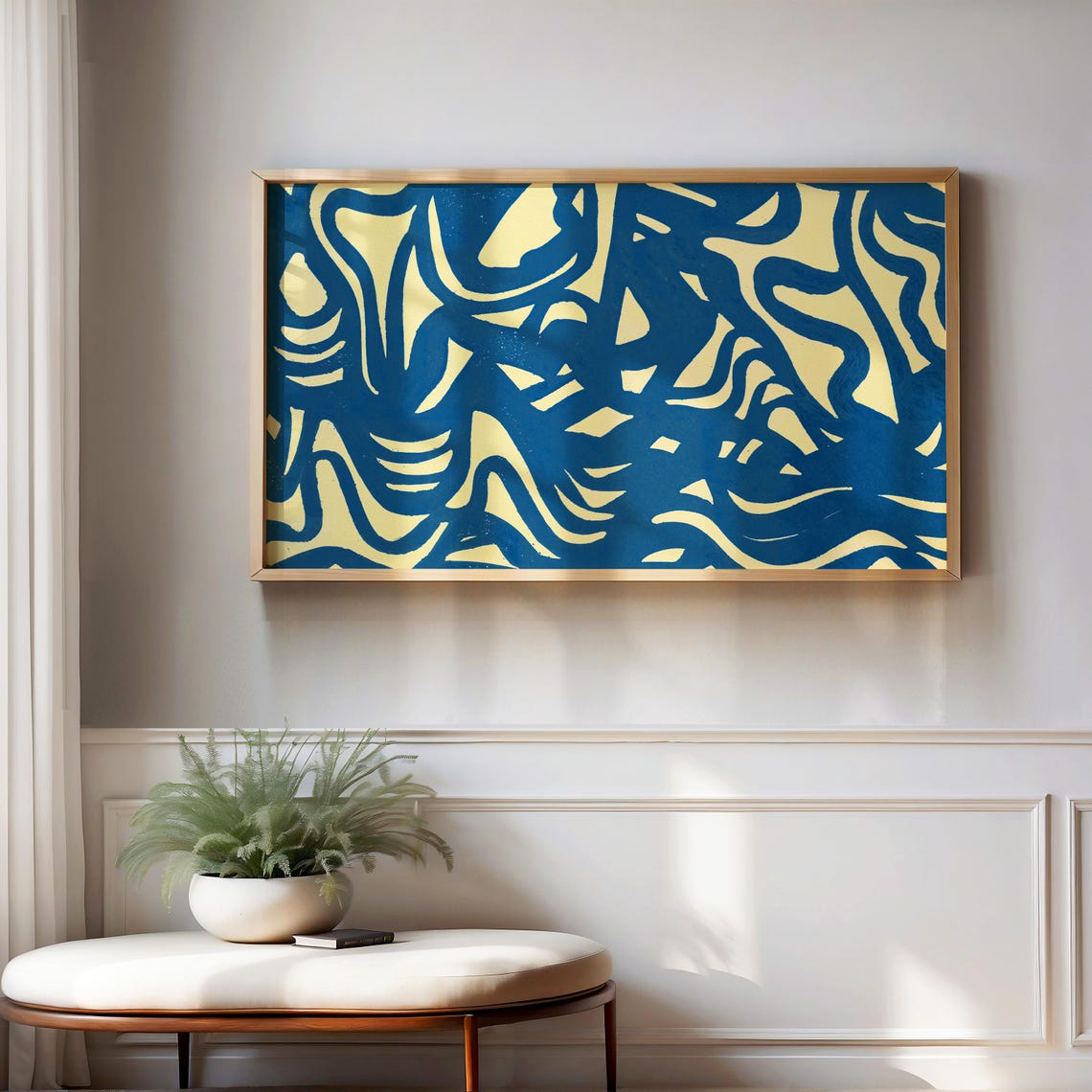 Bold Blue Yellow Abstract Wave Pattern Modern Graphic Wall Art - Image 3