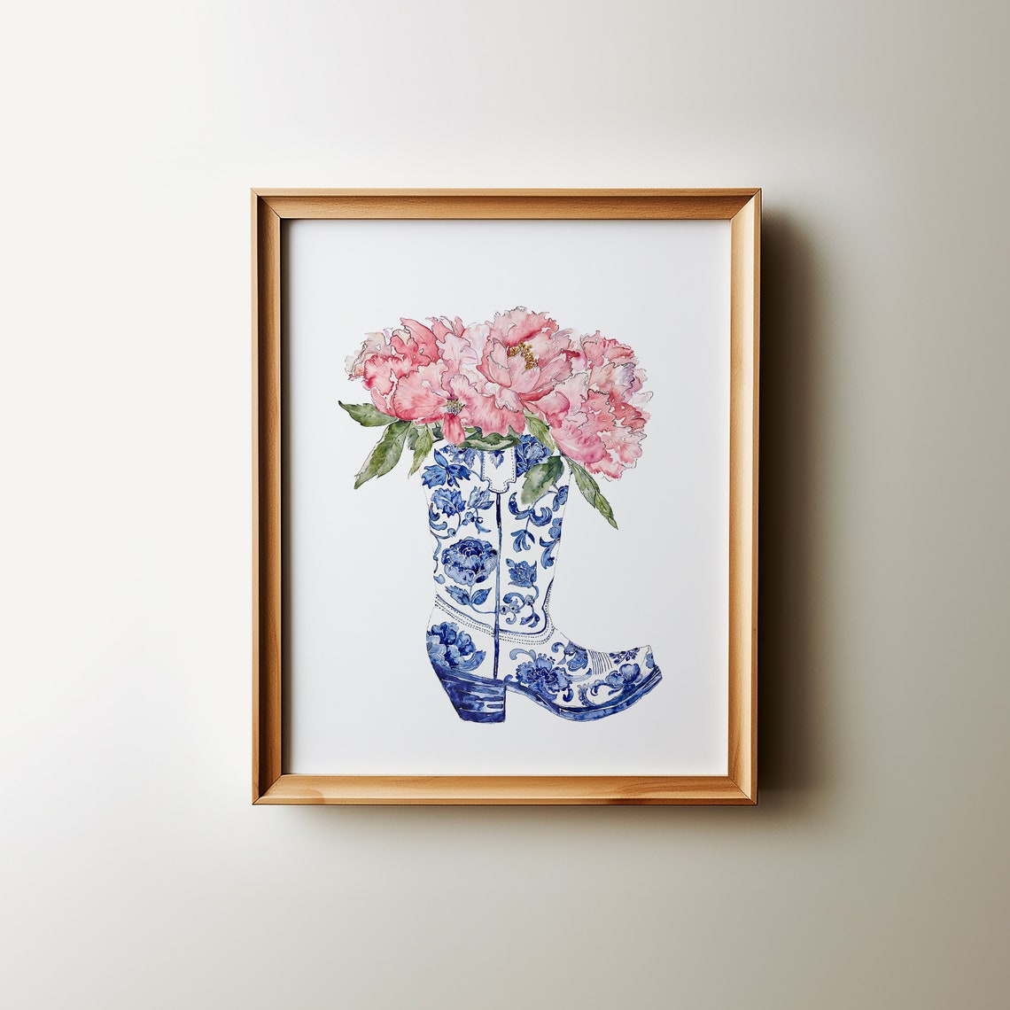 Coastal Cowgirl Blue Floral Cowboy Boot Pink Peony Art Poster