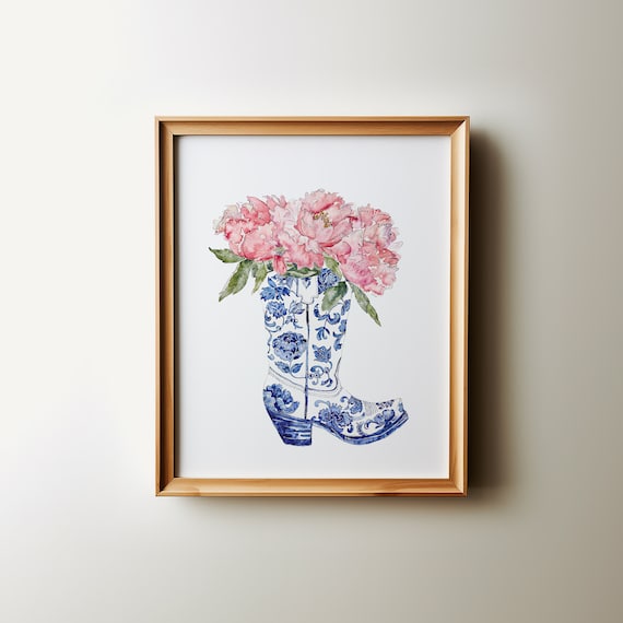 Coastal Cowgirl Blue Floral Cowboy Boot Pink Peony Art Poster