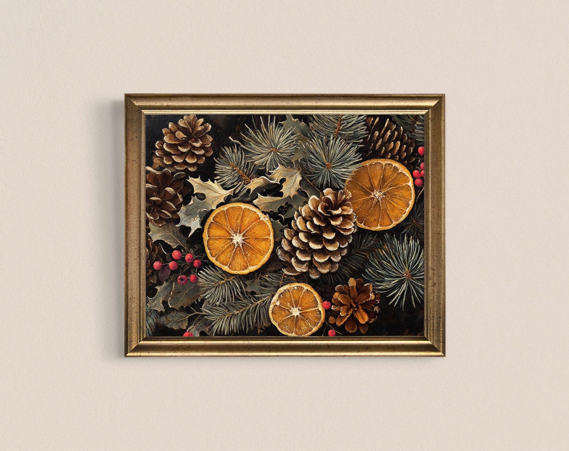 Vintage Dried Orange Pine Cone Botanical Dark Christmas Art Poster - Image 2