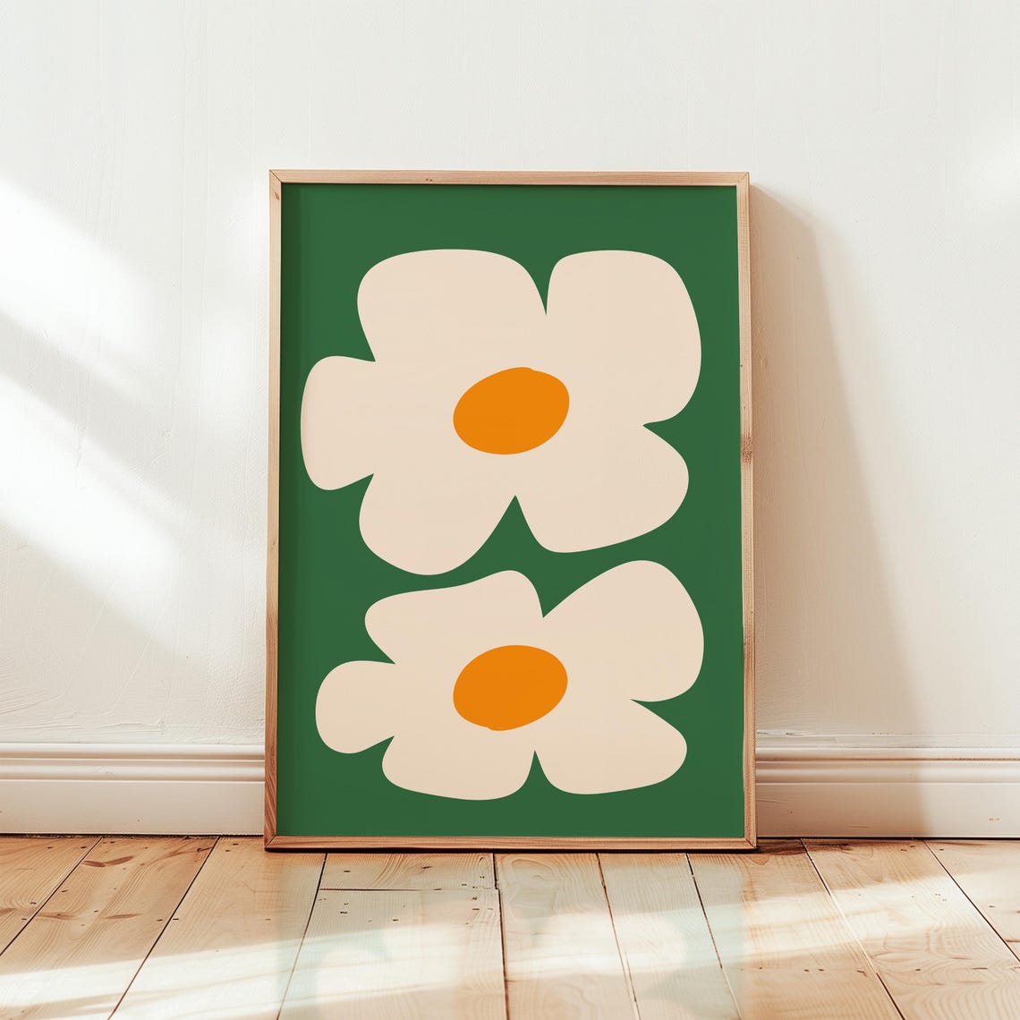 Two Cream Flowers on Green Background Mid Century Art Poster