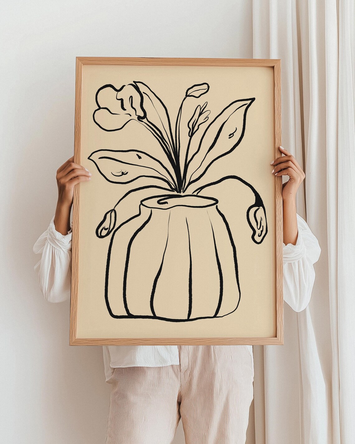 Vintage Flower Vase Art Print, Minimalist Line Drawing