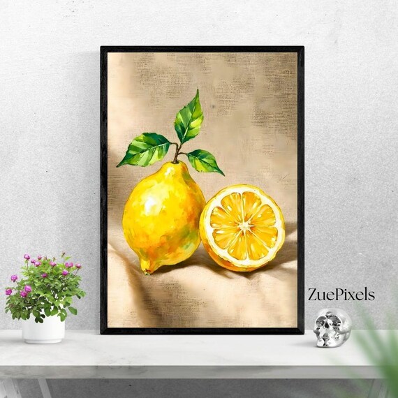 Watercolor Lemon And Citrus Slice On Linen Modern Kitchen Wall Art
