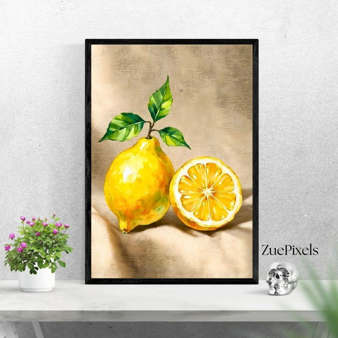 Watercolor Lemon And Citrus Slice On Linen Modern Kitchen Wall Art