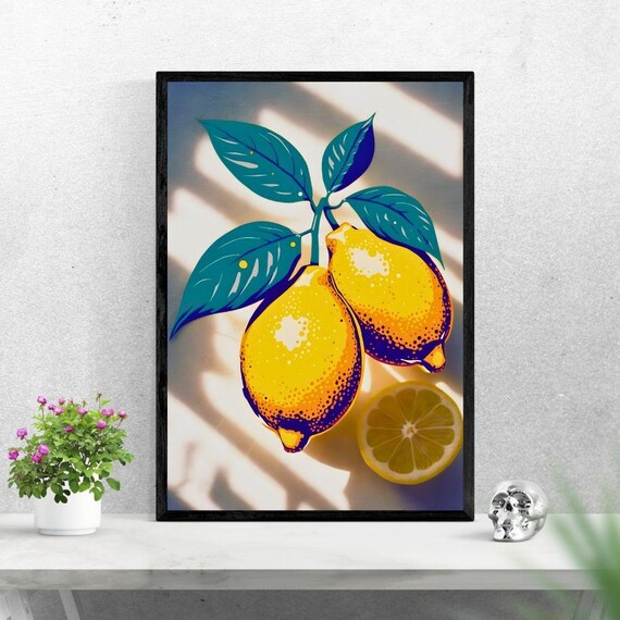 Vibrant Lemon Branch Pop Art Poster for Bright Modern Kitchen Decor