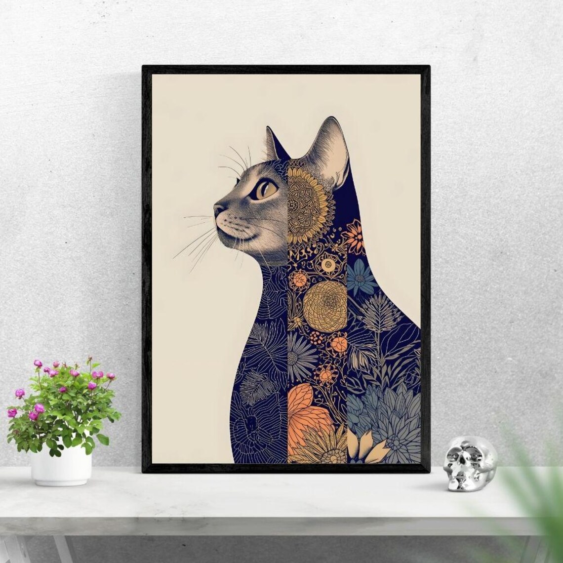 Boho Floral Cat Poster Print