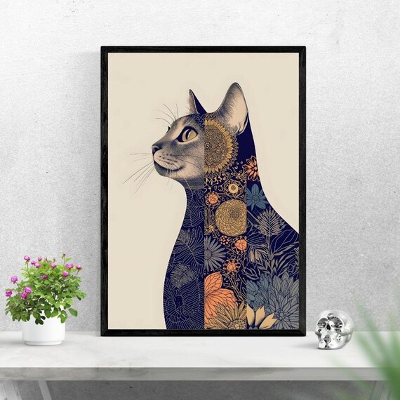 Boho Floral Cat Poster Print