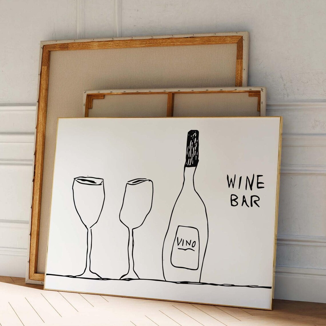 Wine Bar Vino Line Art Black And White Trendy Bar Cart Poster