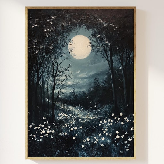 Moody Moon Above Woodland Art Print, Cottagecore Night
