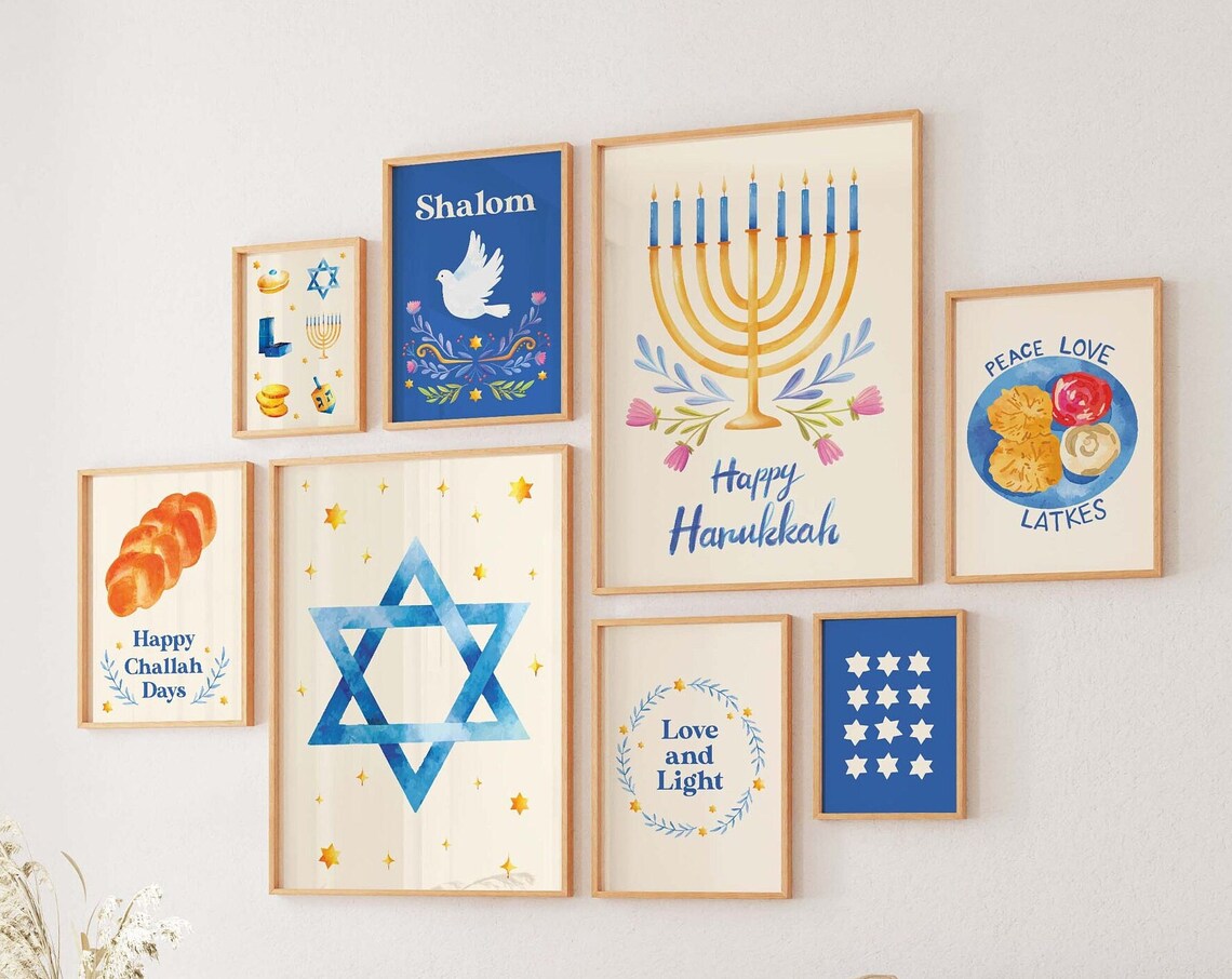 Hanukkah Gallery Wall Set 8 Blue Jewish Holiday Poster Collection