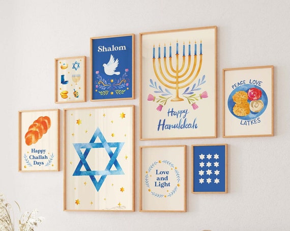 Hanukkah Gallery Wall Art 10 Printables Cute Hanukkah Illustration Art Blue Jewish Holiday Wall Decorations