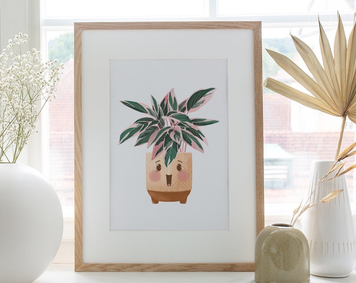 Pink Striped Stromanthe Cute Smiling Happy Kawaii Plant Poster - Image 2