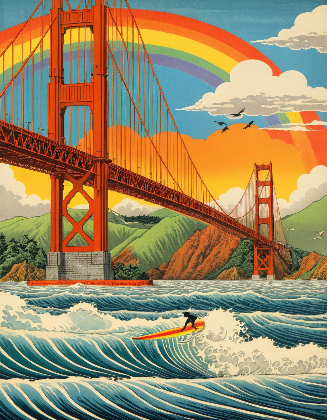 San Francisco Golden Gate Bridge Surfer Rainbow Ukiyo E Poster - Image 2