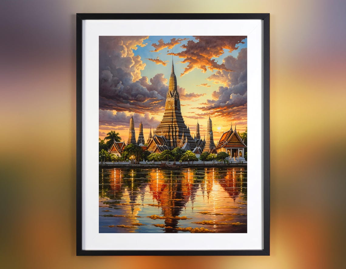 Bangkok Thailand Wat Arun Sunset River Reflection Oil Poster