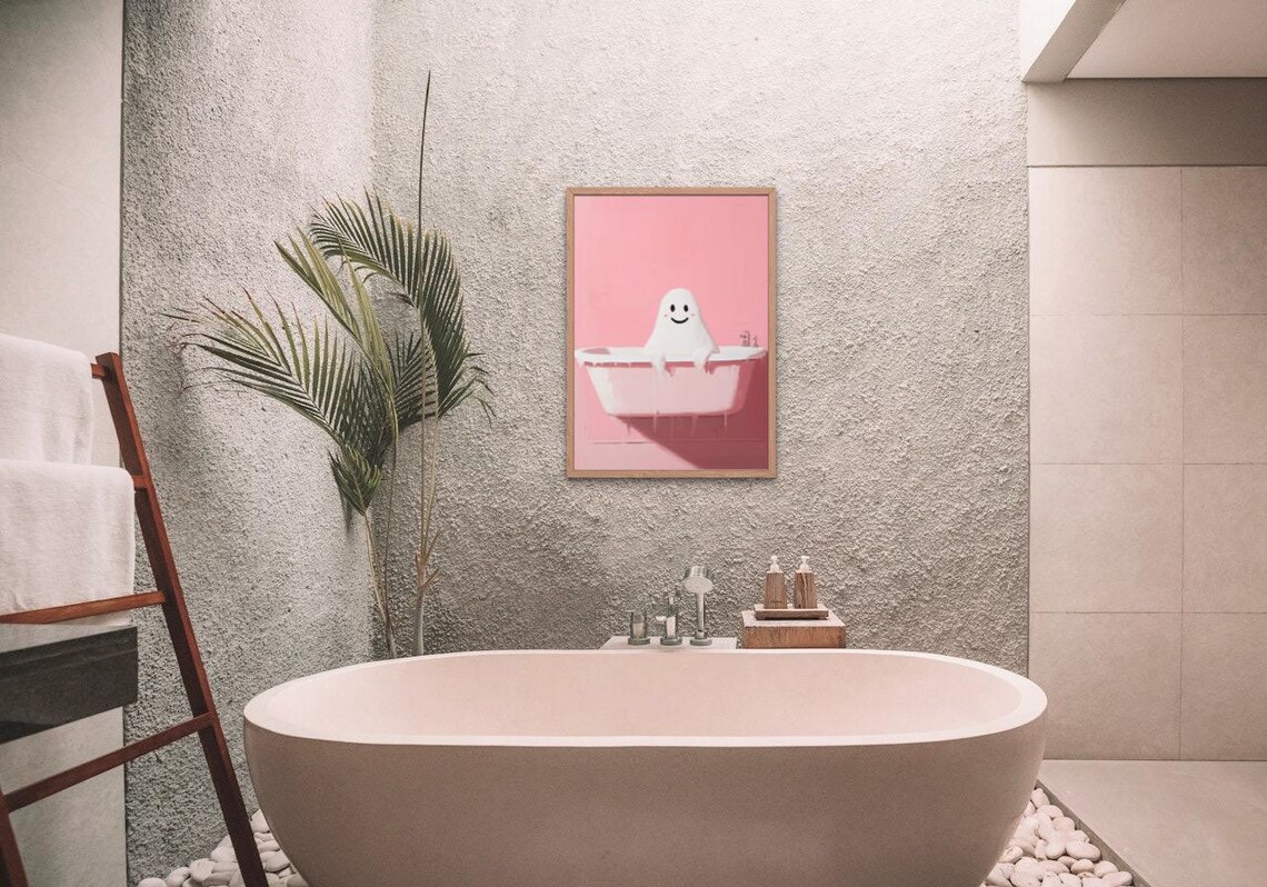 Cute Ghost In Bath Halloween Art Print, Retro Pink Decor - Image 3
