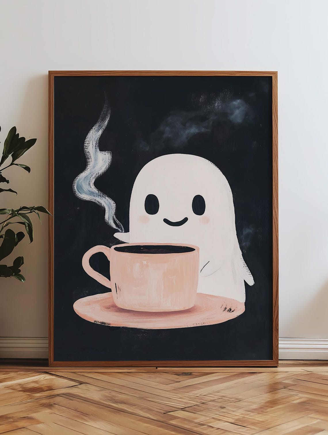 Cute Ghost Holding Pink Coffee Cup On Black Background Art Poster - Image 3