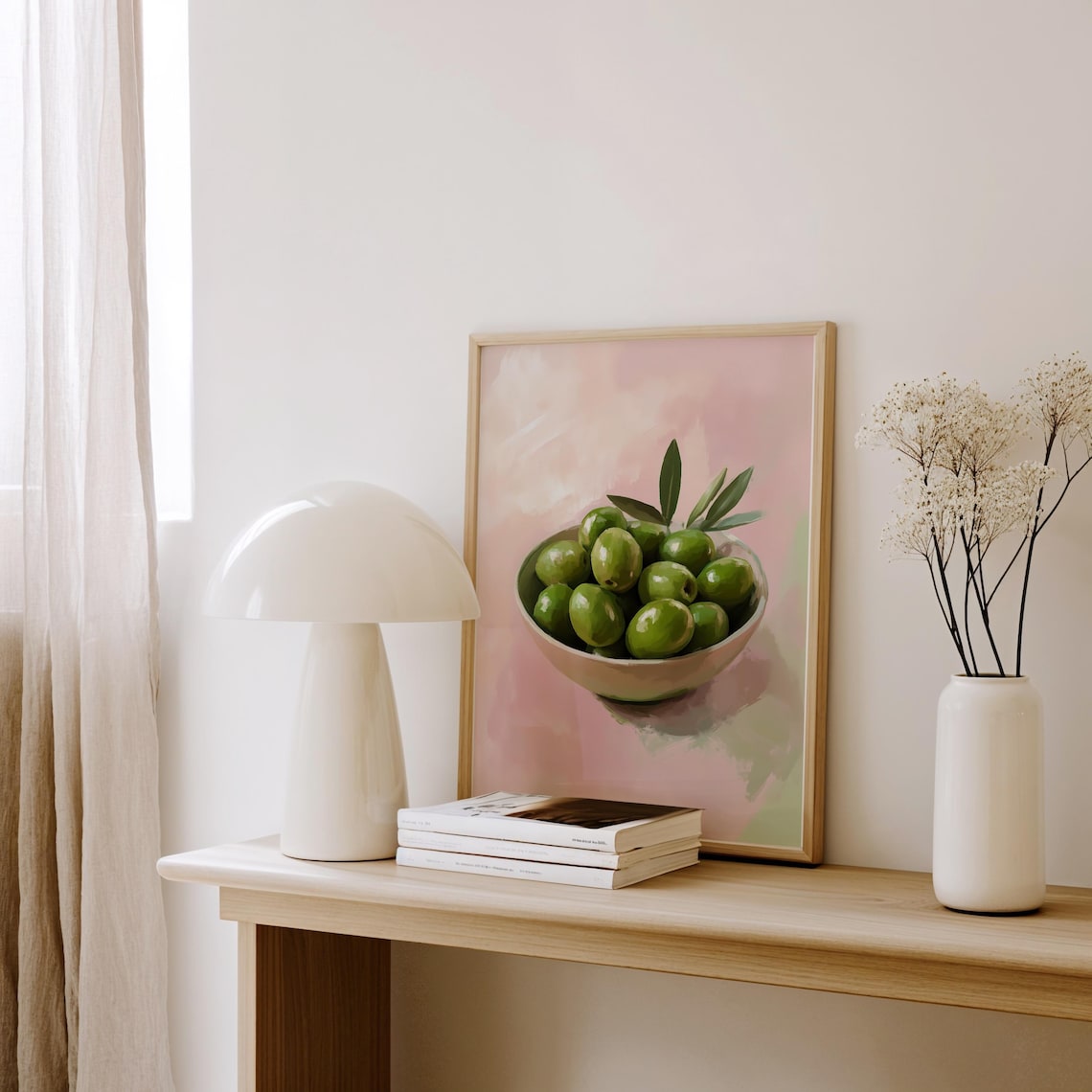 Soft Pink Green Olives Bowl Mediterranean Minimalist Food Art Poster - Image 2