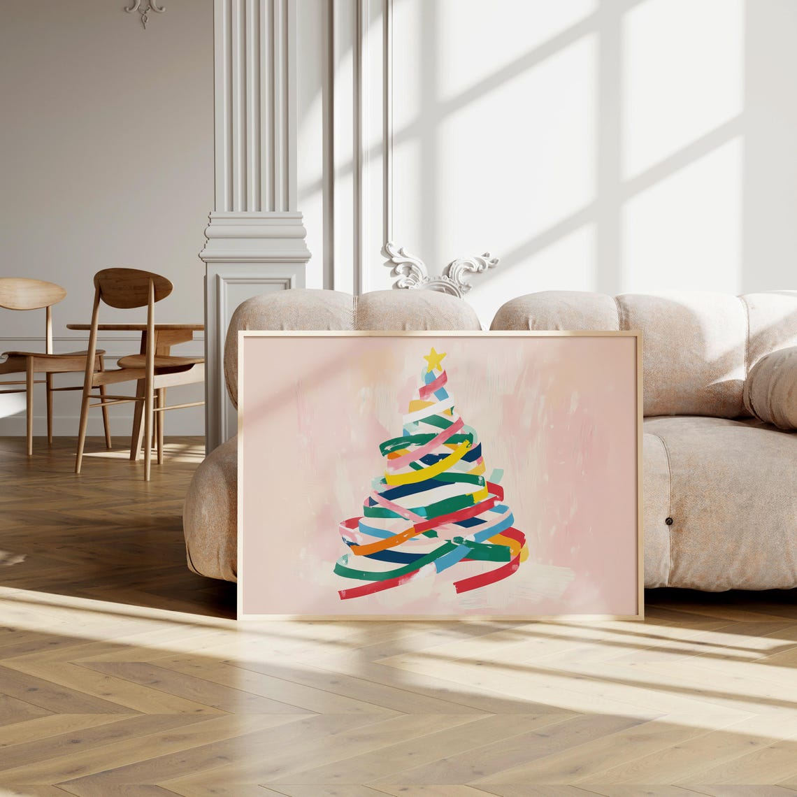 Minimalist Rainbow Ribbon Wrapped Christmas Tree on Soft Pink Poster - Image 3