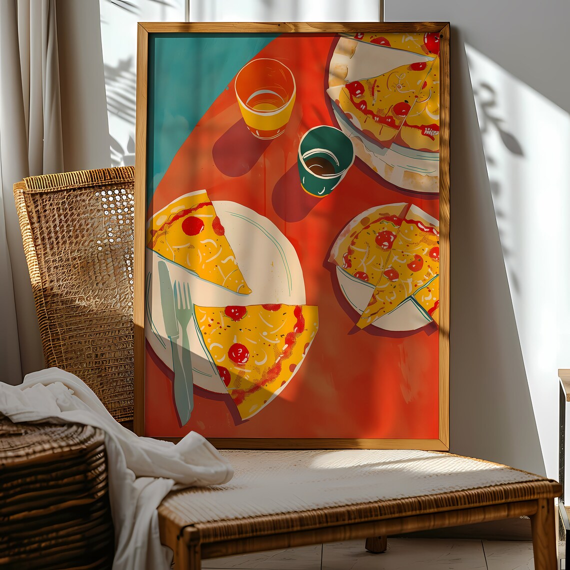 Pepperoni Pizza Party Flatlay Retro Coral Table Kitchen Food Wall Art - Image 2