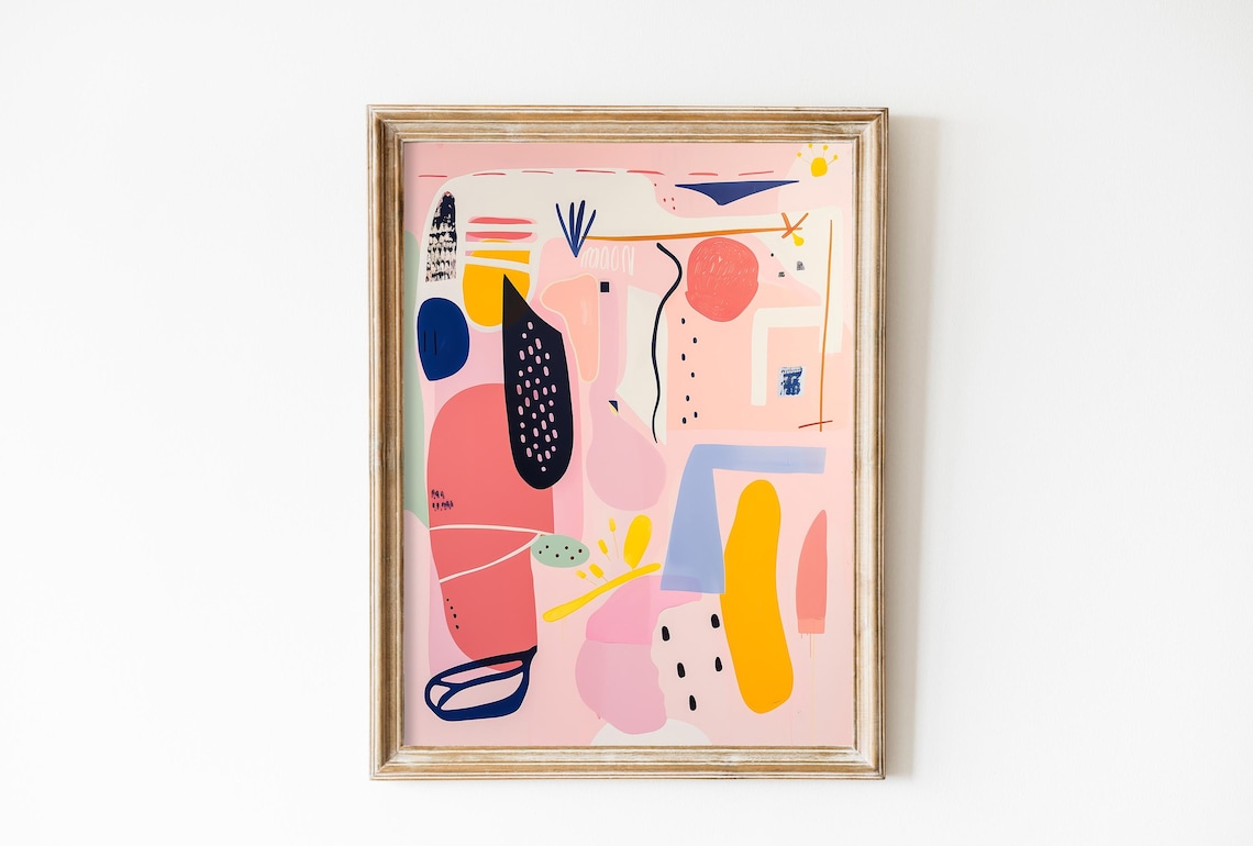 Whimsical Pastel Pink Navy And Yellow Abstract Shapes Art Print