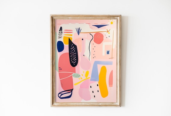 Whimsical Pastel Pink Navy And Yellow Abstract Shapes Art Print