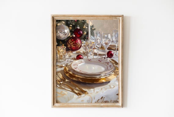 Gold Christmas Ornaments Moody Christmas Diner Decor Xmas Print Vintage Christmas Print Cutlery Christmas Oil Painting Art