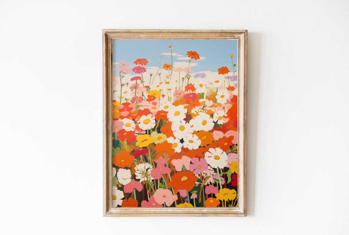 Pink Orange And White Wildflower Meadow Painting Botanical Art Poster