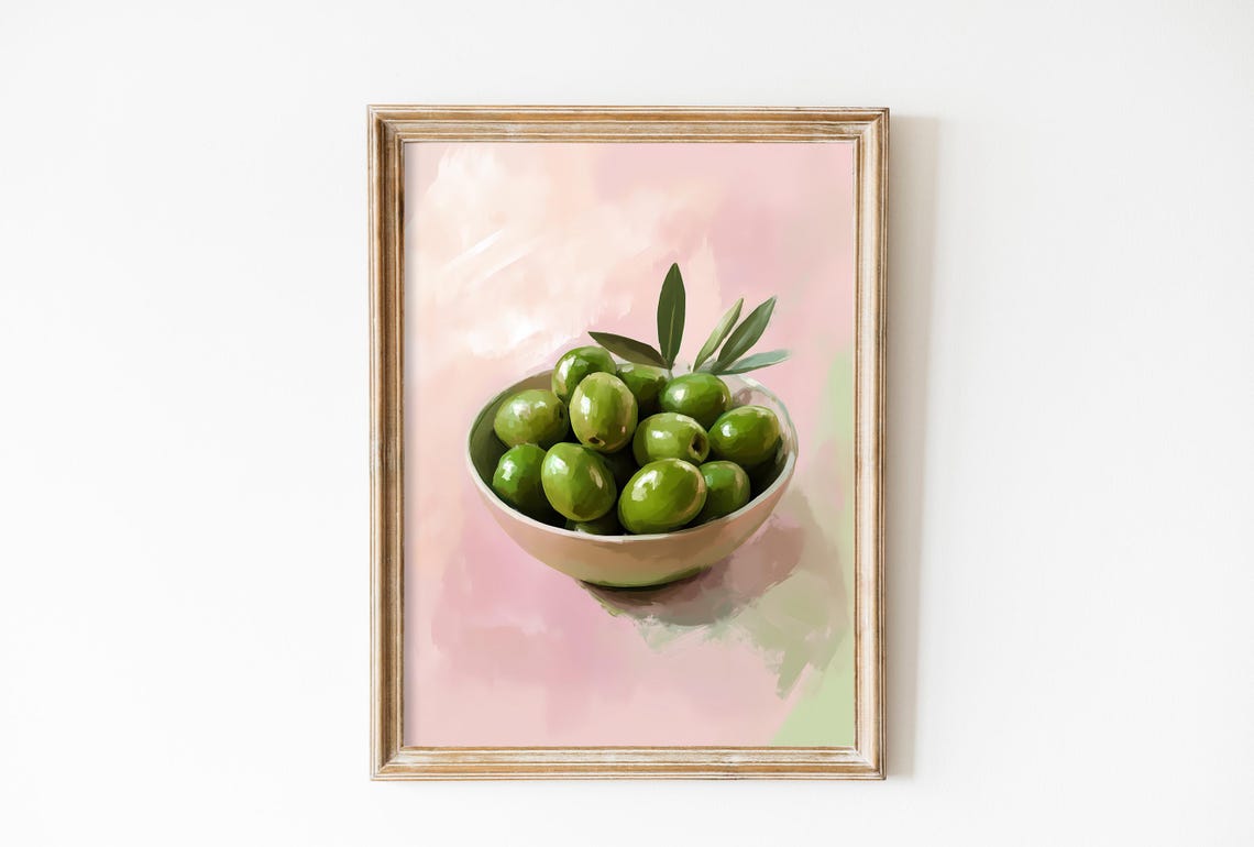 Soft Pink Green Olives Bowl Mediterranean Minimalist Food Art Poster