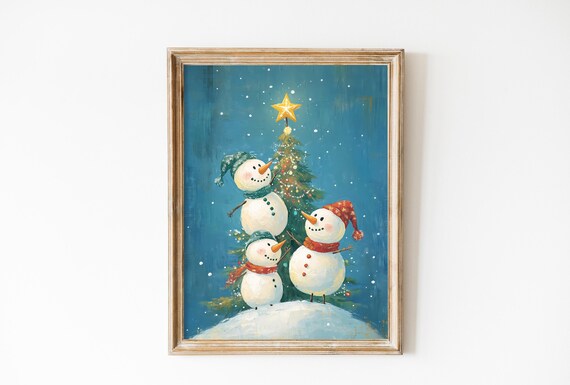 Three Snowmen Decorating Christmas Tree On Blue Background Poster