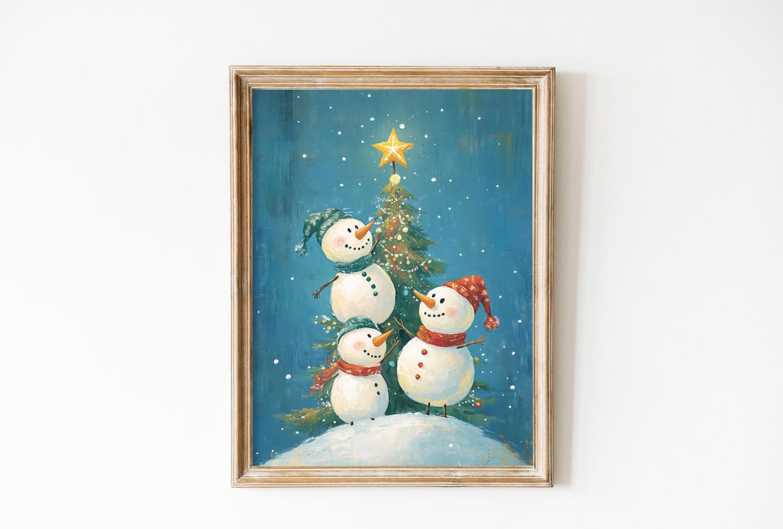 Three Snowmen Decorating Christmas Tree On Blue Background Poster