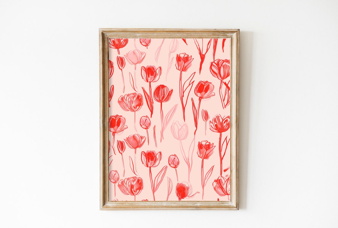 Red Tulips Pattern Pink Botanical Floral Pattern Wall Poster