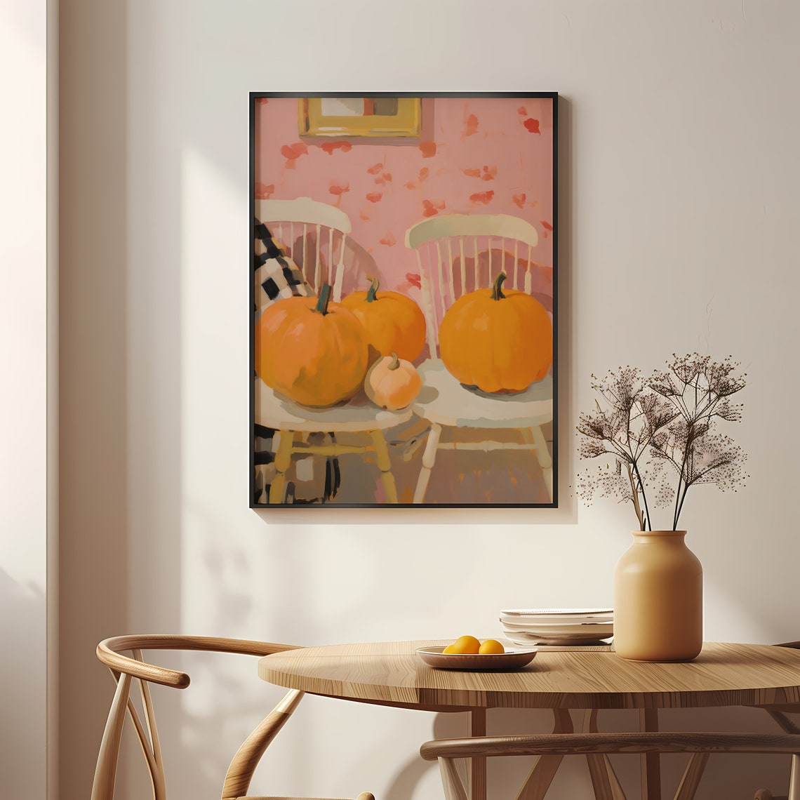 Orange Pumpkins Cottage Chairs Pink Farmhouse Fall Decor Poster - Image 2
