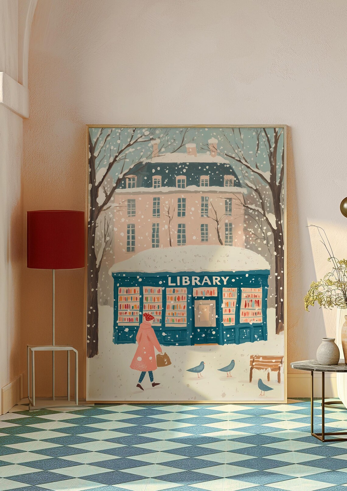 Snowy Neighborhood Library with Reader Girl in Pink Coat Poster - Image 3
