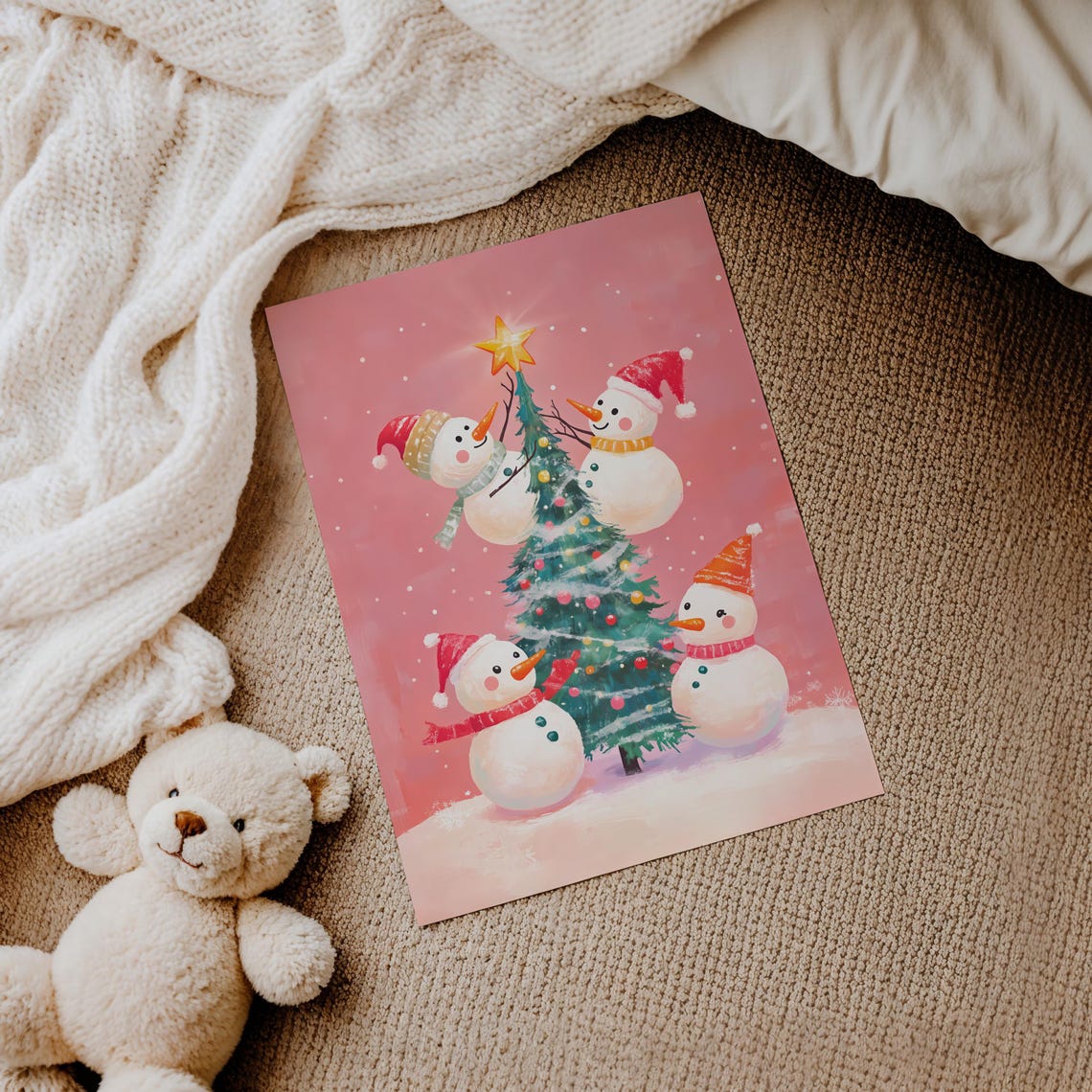 Four Snowmen Decorating Christmas Tree On Pink Background Poster - Image 3